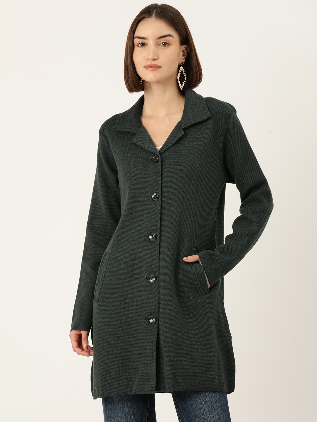 

American Eye Women Solid Longline Cardigan, Green
