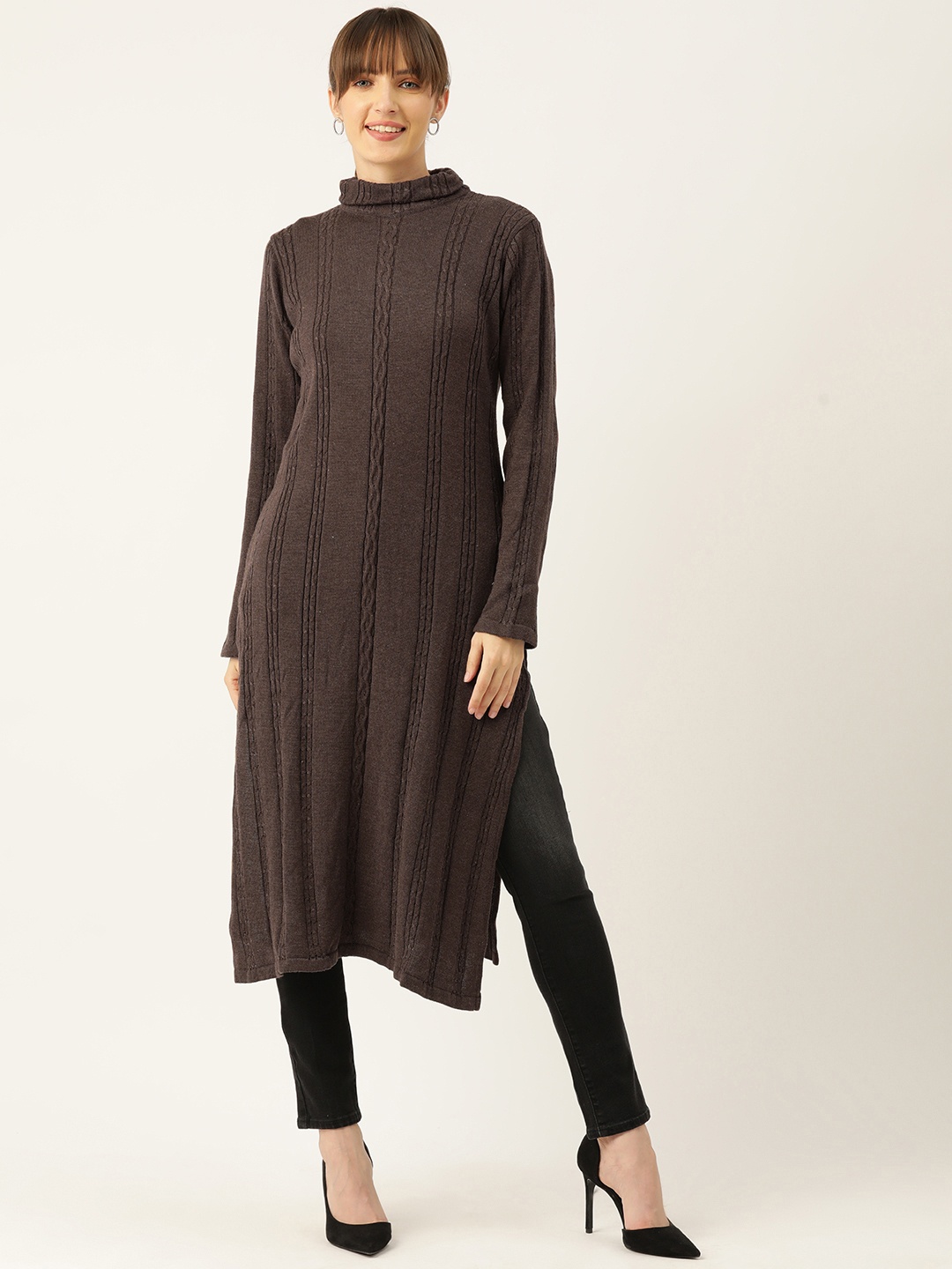 

American Eye Women Ribbed Acrylic Straight Winter Kurta, Coffee brown