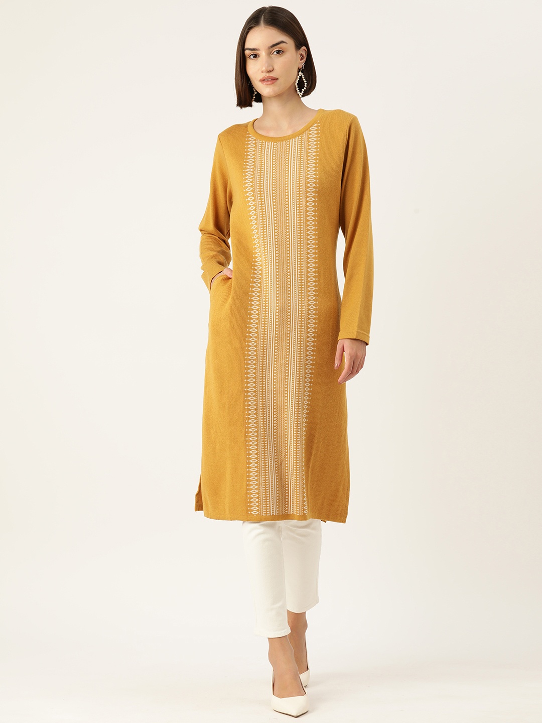 

American Eye Women Ethnic Motifs Printed Winter Kurta, Mustard