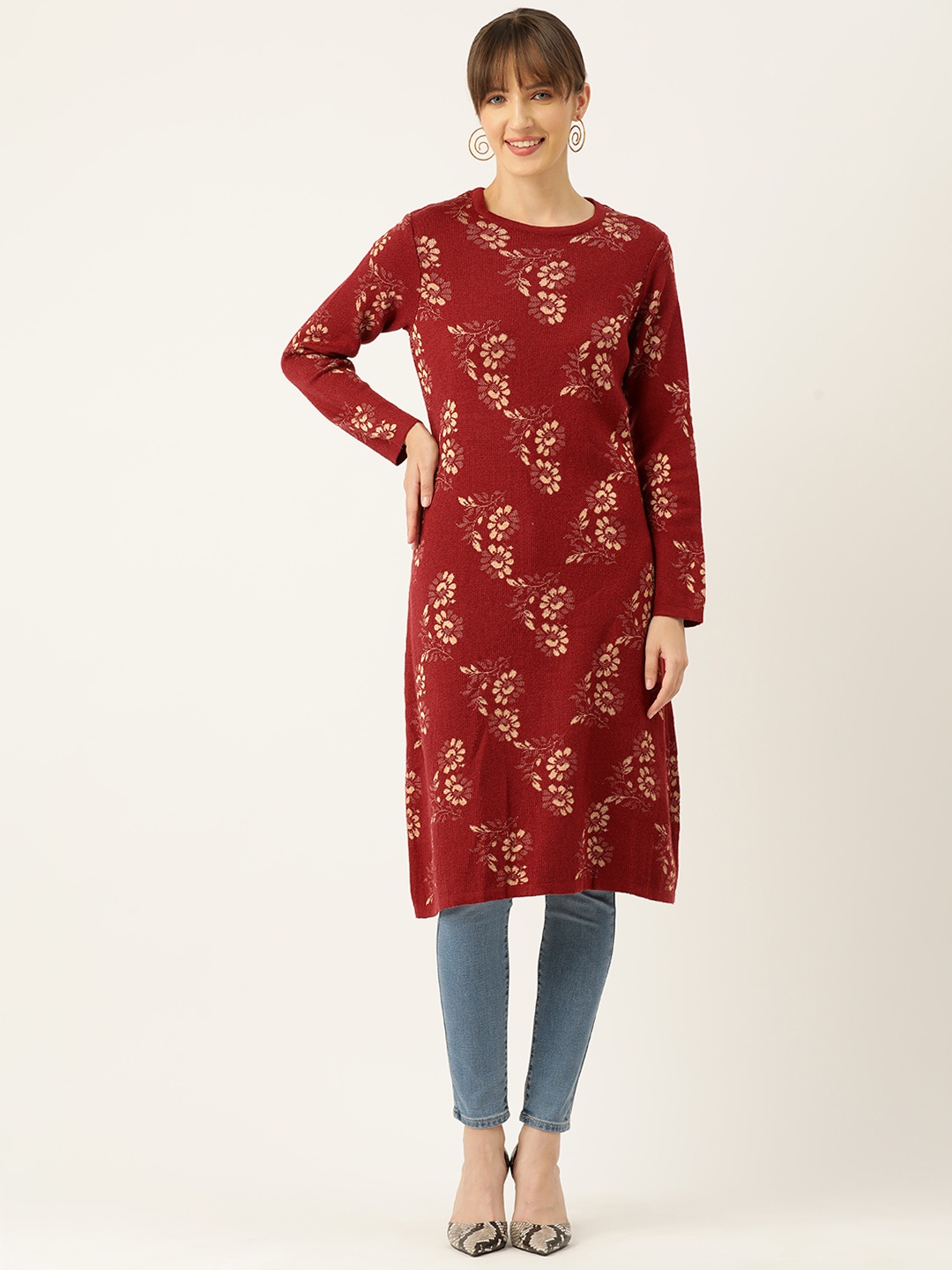 

American Eye Women Ethnic Motifs Woven Design Acrylic Straight Winter Kurta, Red