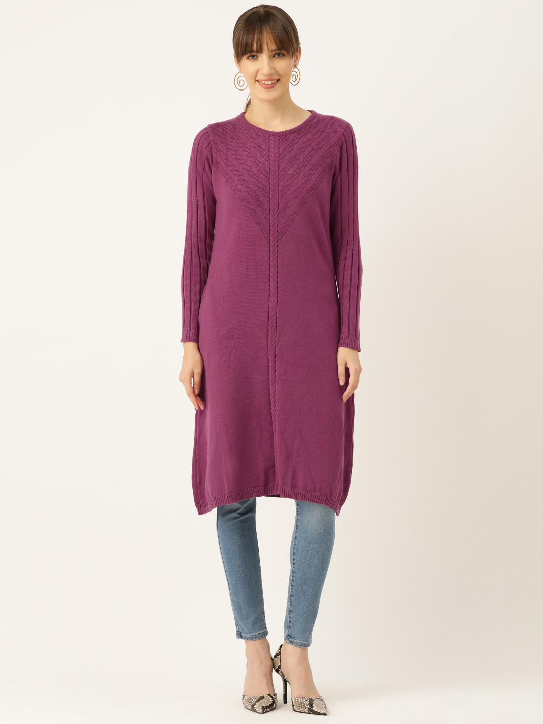 

American Eye Women Ribbed Acrylic A-Line Winter Kurta, Purple