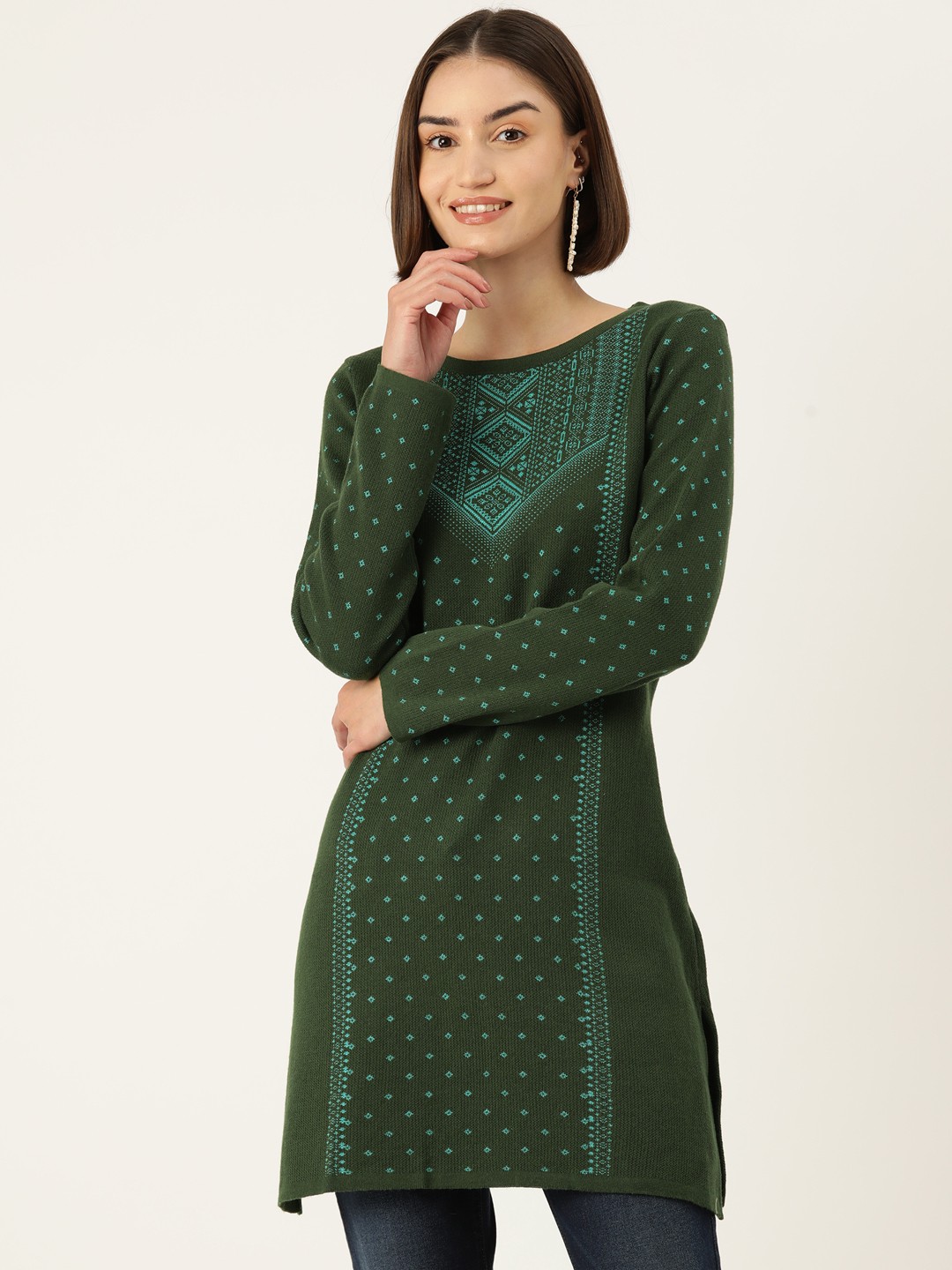 

American Eye Women Ethnic Motifs Printed Winter Kurta, Olive