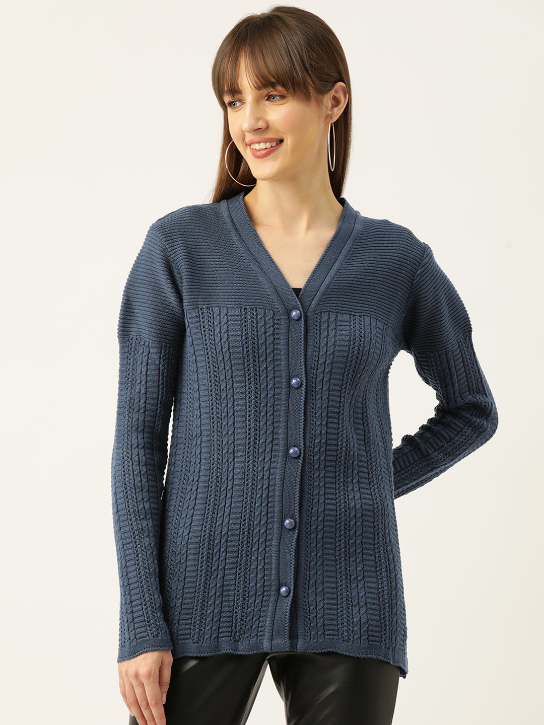 

American Eye Women Cable Knit Acrylic Cardigan, Navy blue