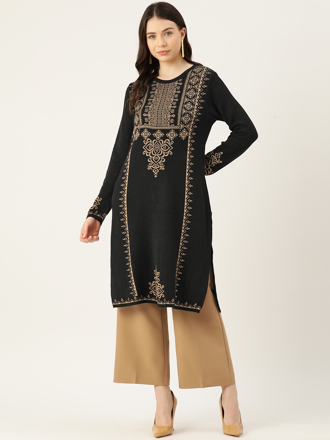 

American Eye Ethnic Motifs Acrylic Kurta, Black