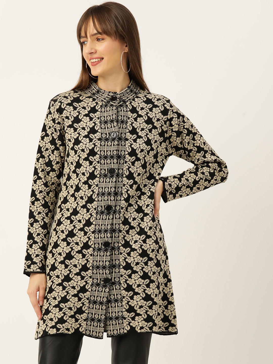 

American Eye Floral Acrylic Longline Cardigan, Black