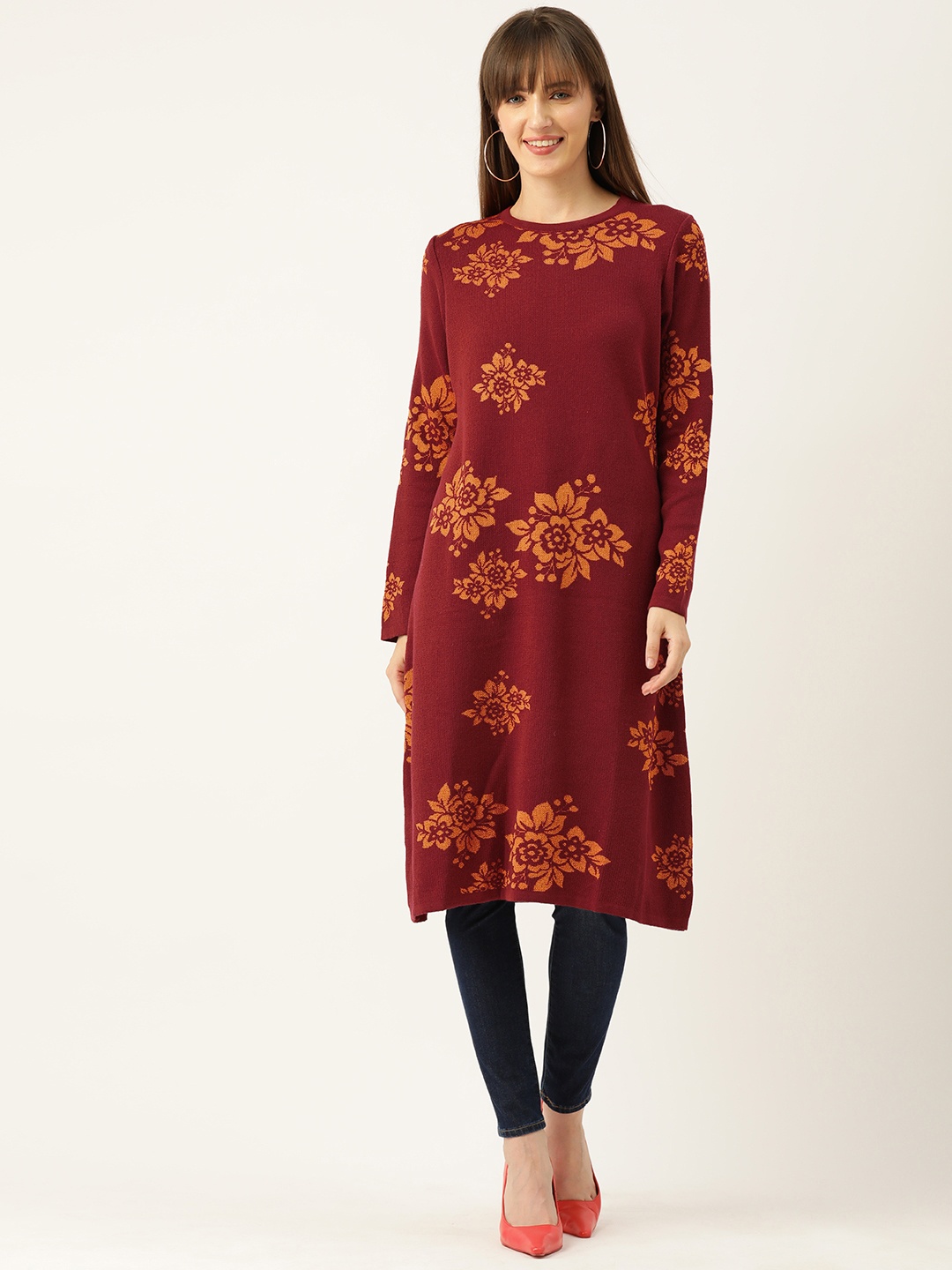 

American Eye Floral Design Acrylic Kurta, Maroon