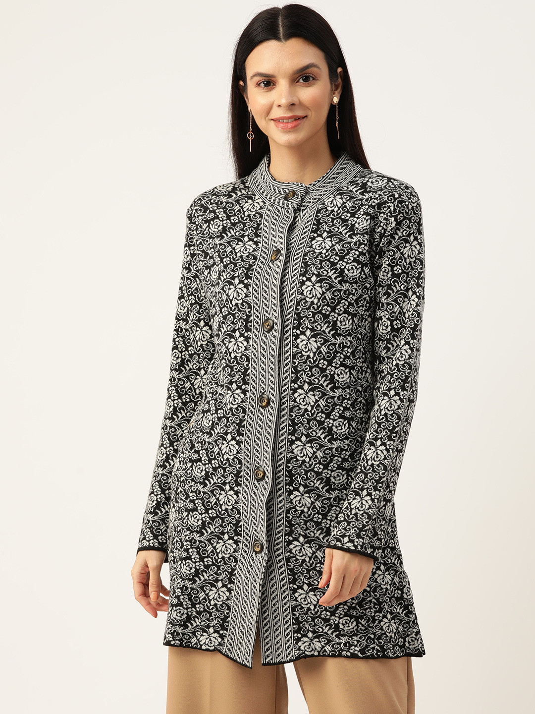 

American Eye Ethnic Motifs Longline Acrylic Cardigan, Black