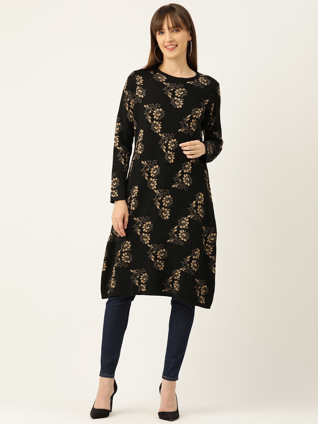 

American Eye Floral Design Acrylic Kurta, Black