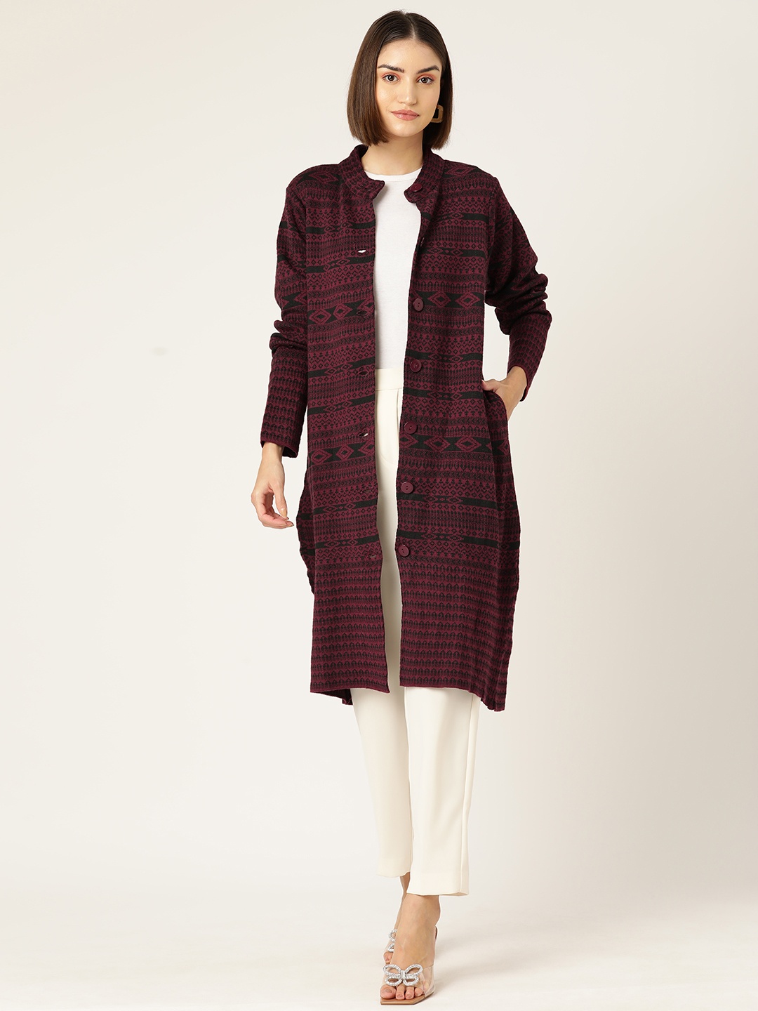 

American Eye Ethnic Motifs Acrylic Longline Cardigan, Burgundy
