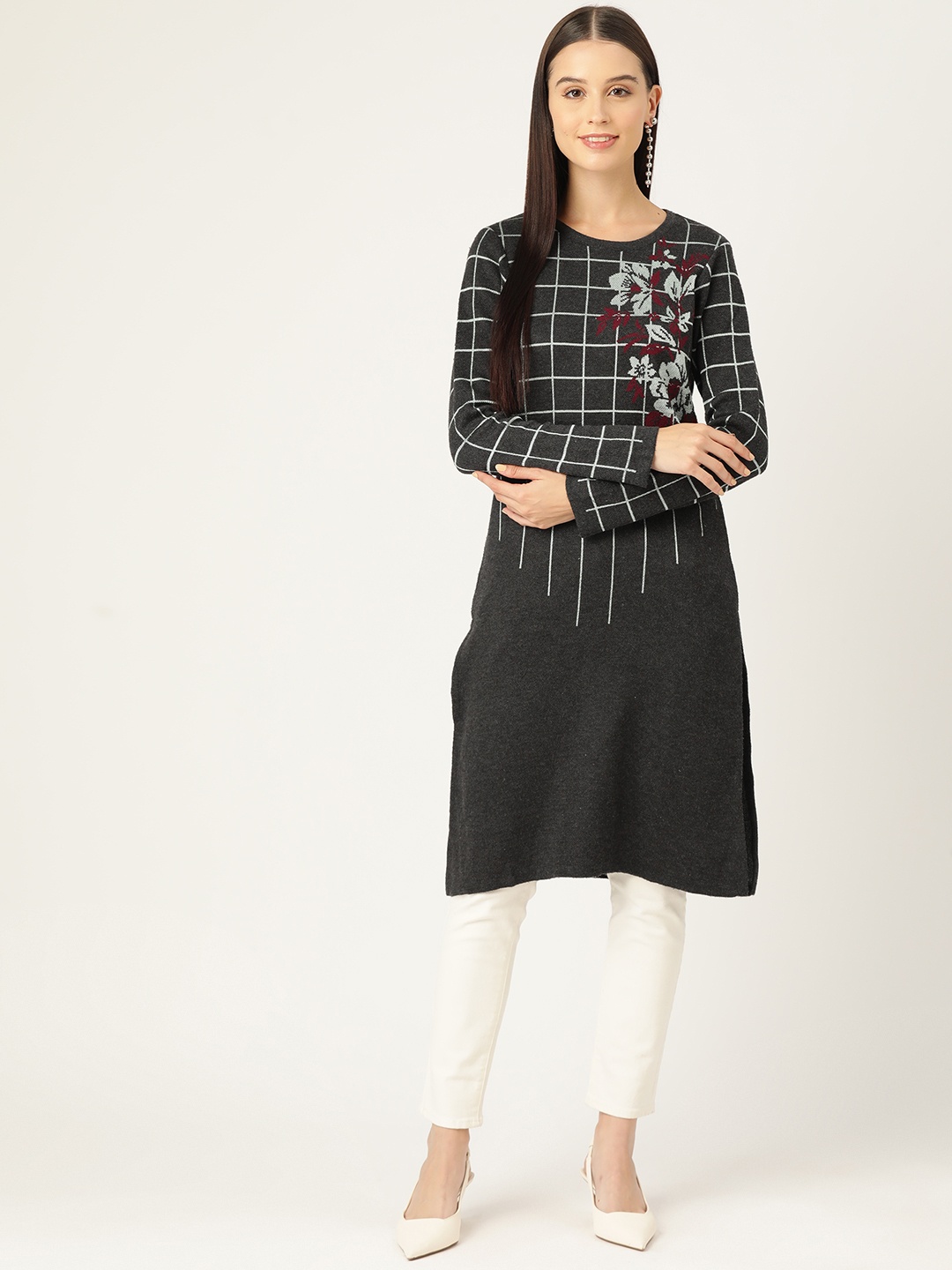 

American Eye Woven Designed Straight Winter Kurta, Charcoal