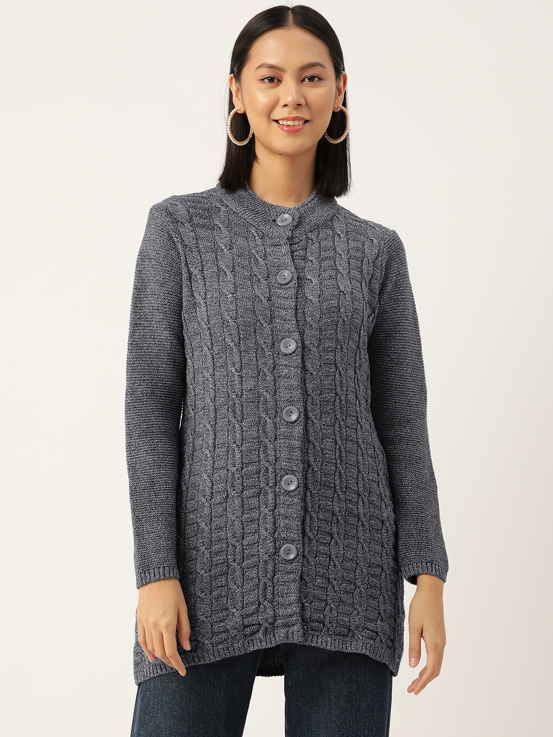

American Eye Cable Knit Longline Cardigan, Grey