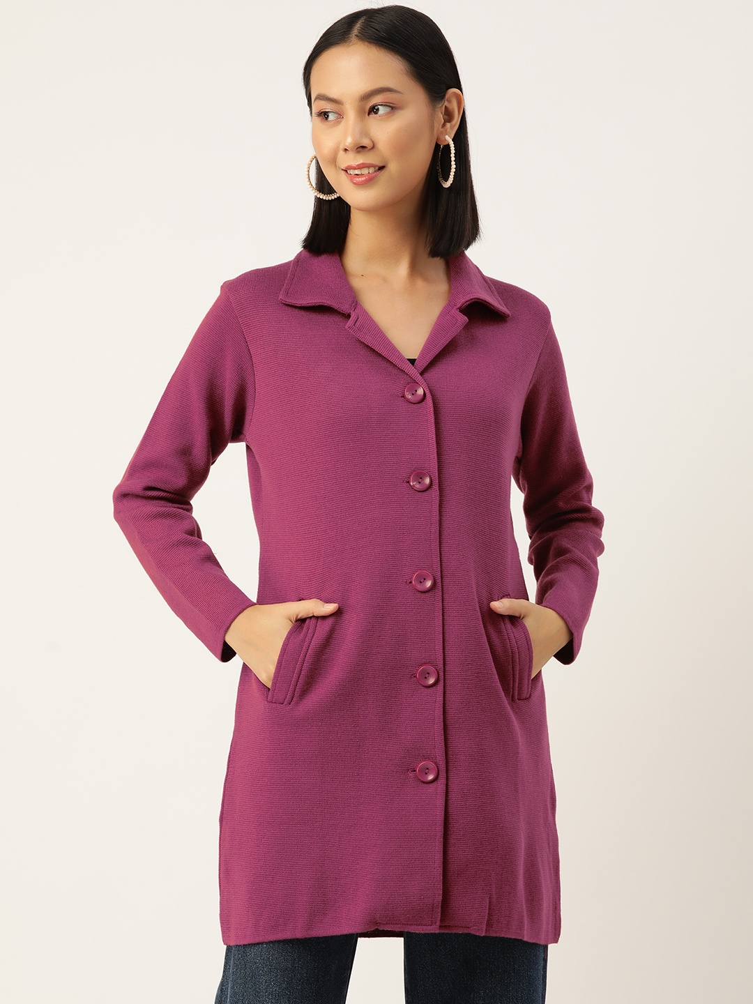 

American Eye Lapel Collar Longline Cardigan, Magenta