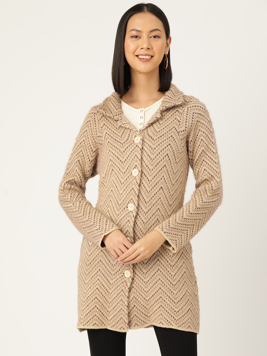 

American Eye Chevron Woven Designed Longline Cardigan, Beige