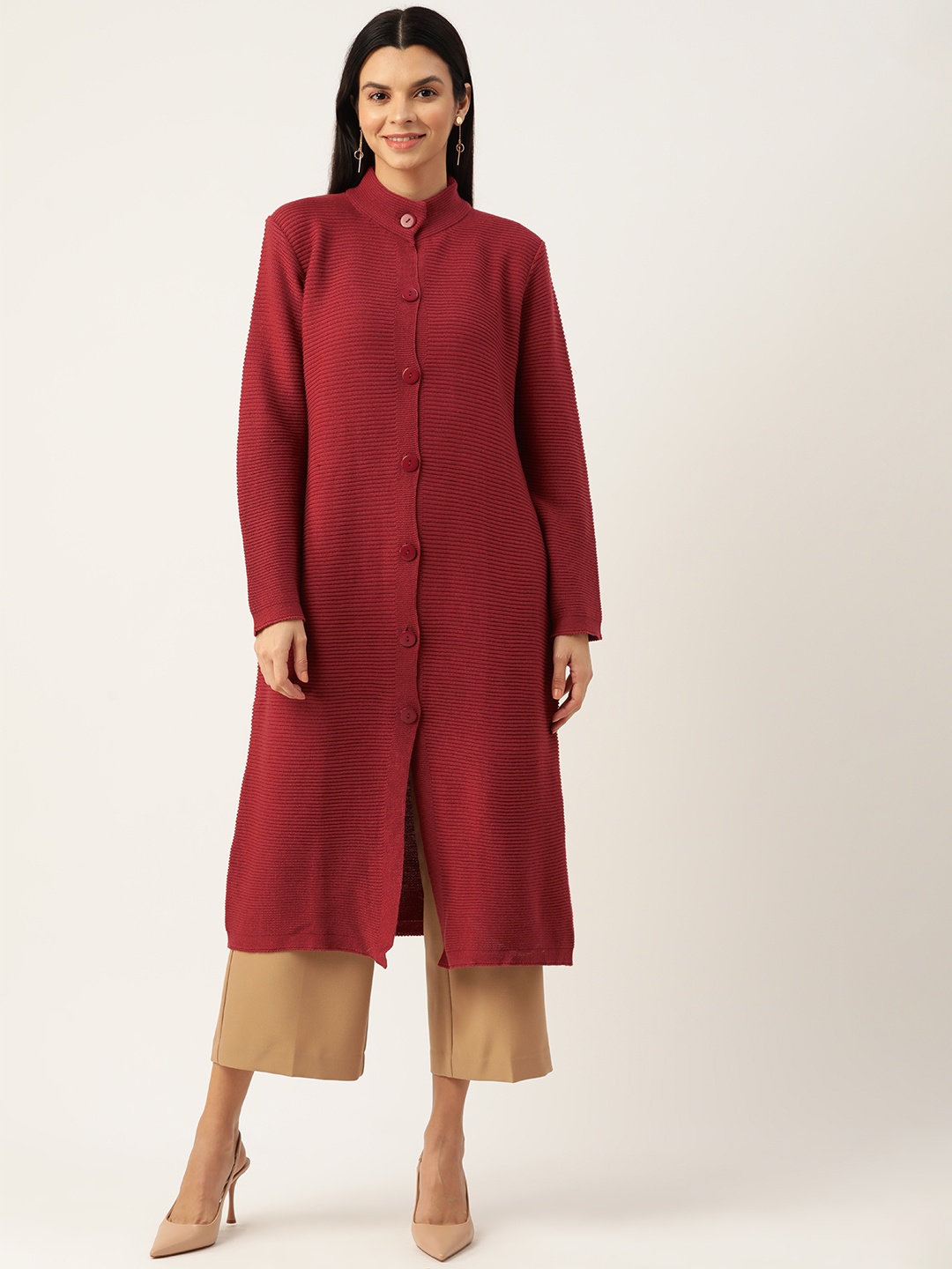 

American Eye Ribbed Longline Acrylic Cardigan, Maroon