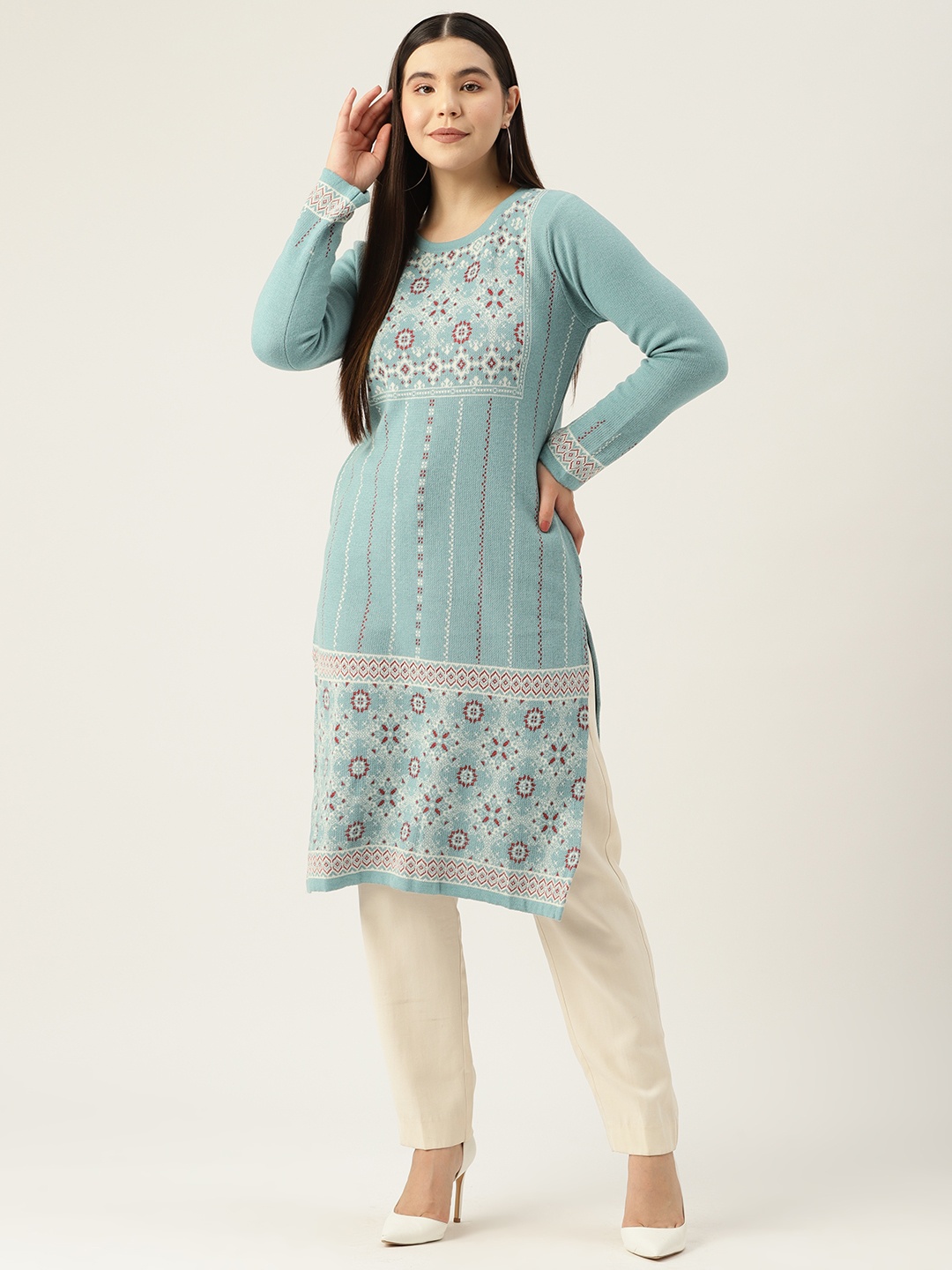 

American Eye Women Ethnic Motifs Woven Design Acrylic Straight Winter Kurta, Green