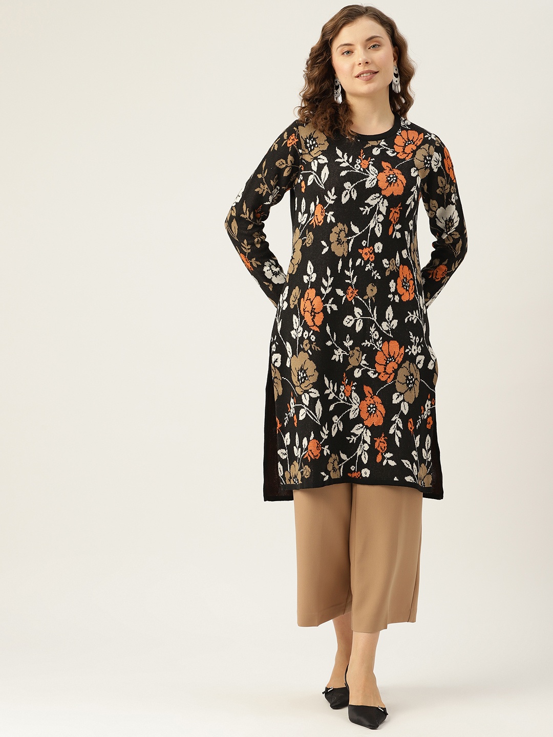 

American Eye Women Ethnic Motifs Woven Design Acrylic Straight Winter Kurta, Black