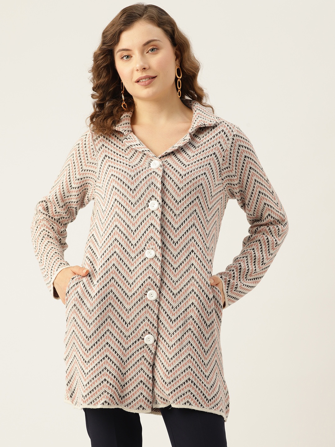 

American Eye Women Chevron Patterned Acrylic Longline Cardigan, Off white