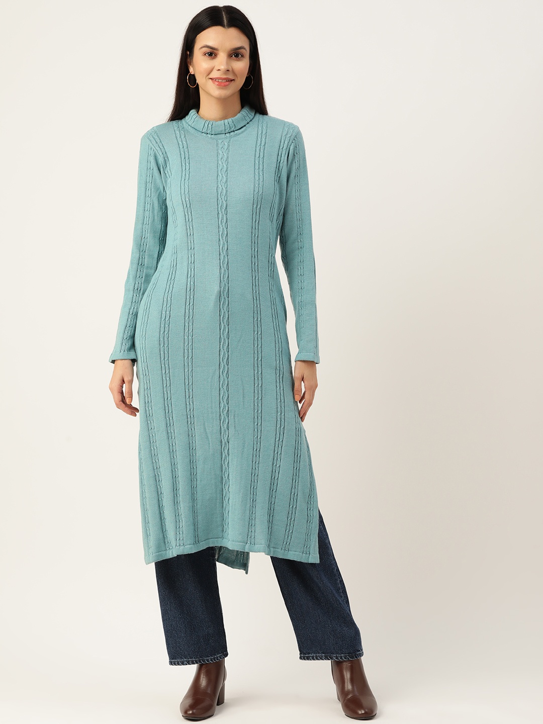 

American Eye High Neck Cable Knit Kurta, Sea green