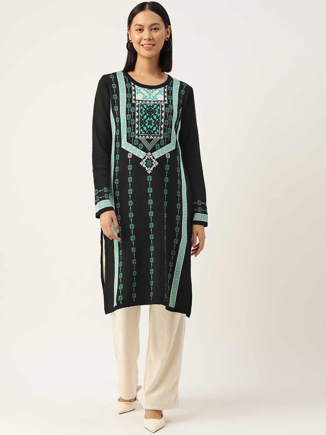 

American Eye Ethnic Motifs Acrylic Kurta, Black
