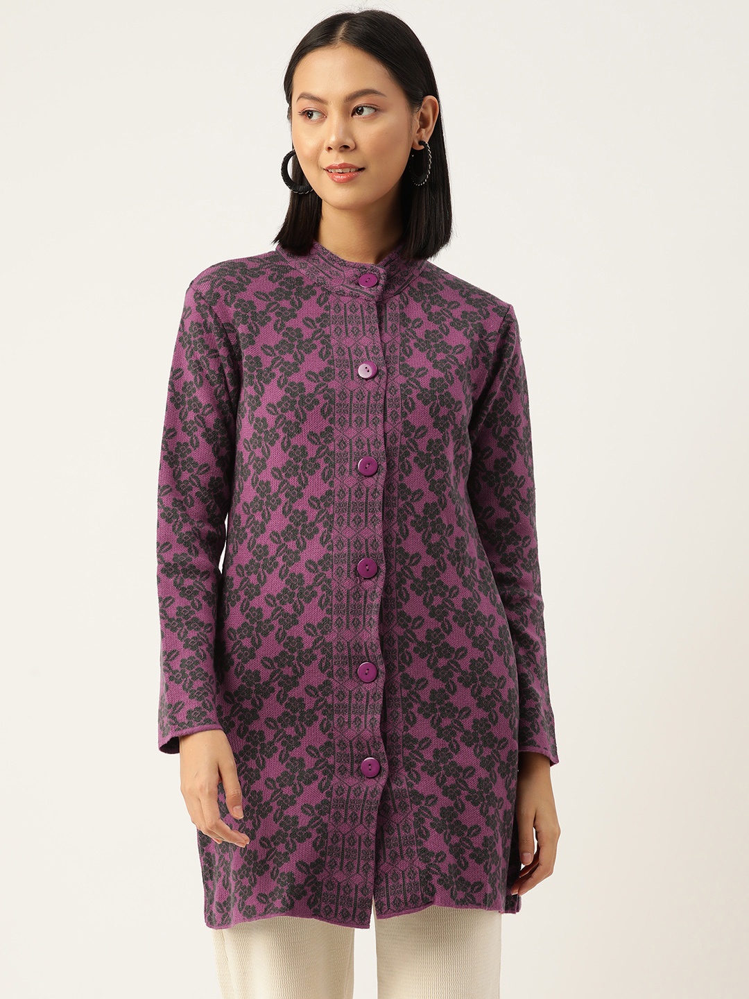 

American Eye Floral Longline Cardigan, Purple