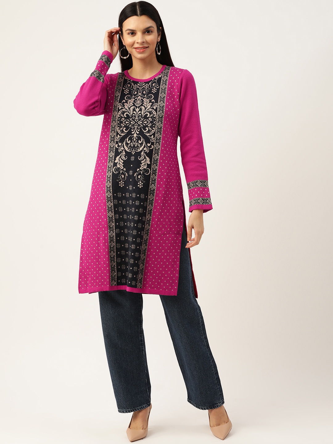 

American Eye Ethnic Motifs Acrylic Kurta, Fuchsia