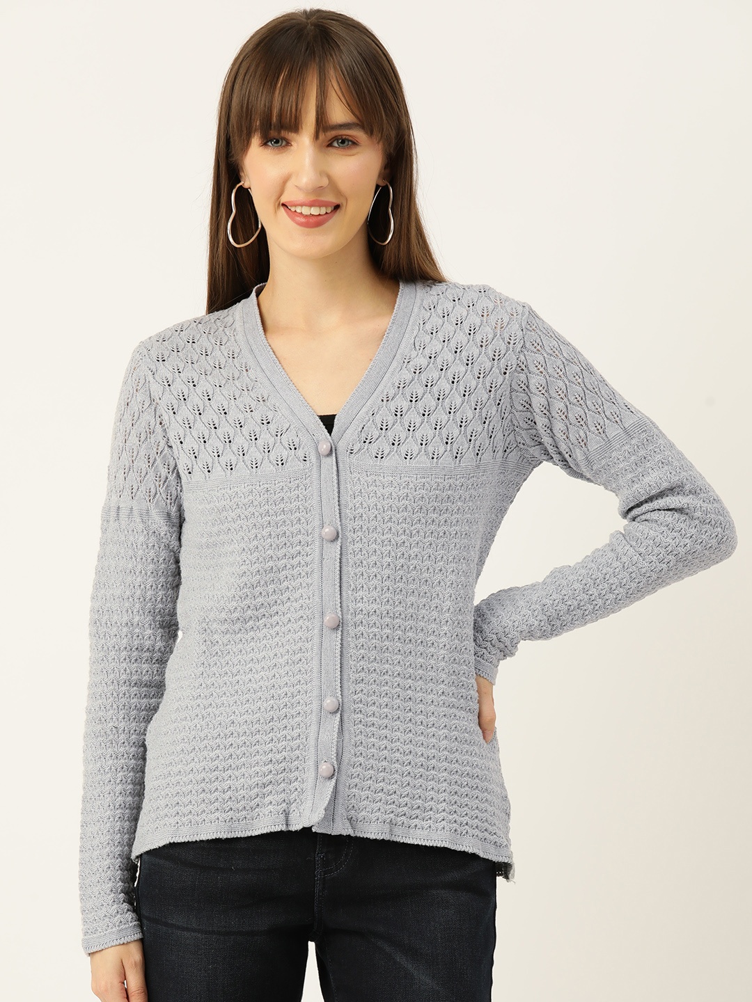 

American Eye Pure Acrylic Self-Design Cardigan, Grey