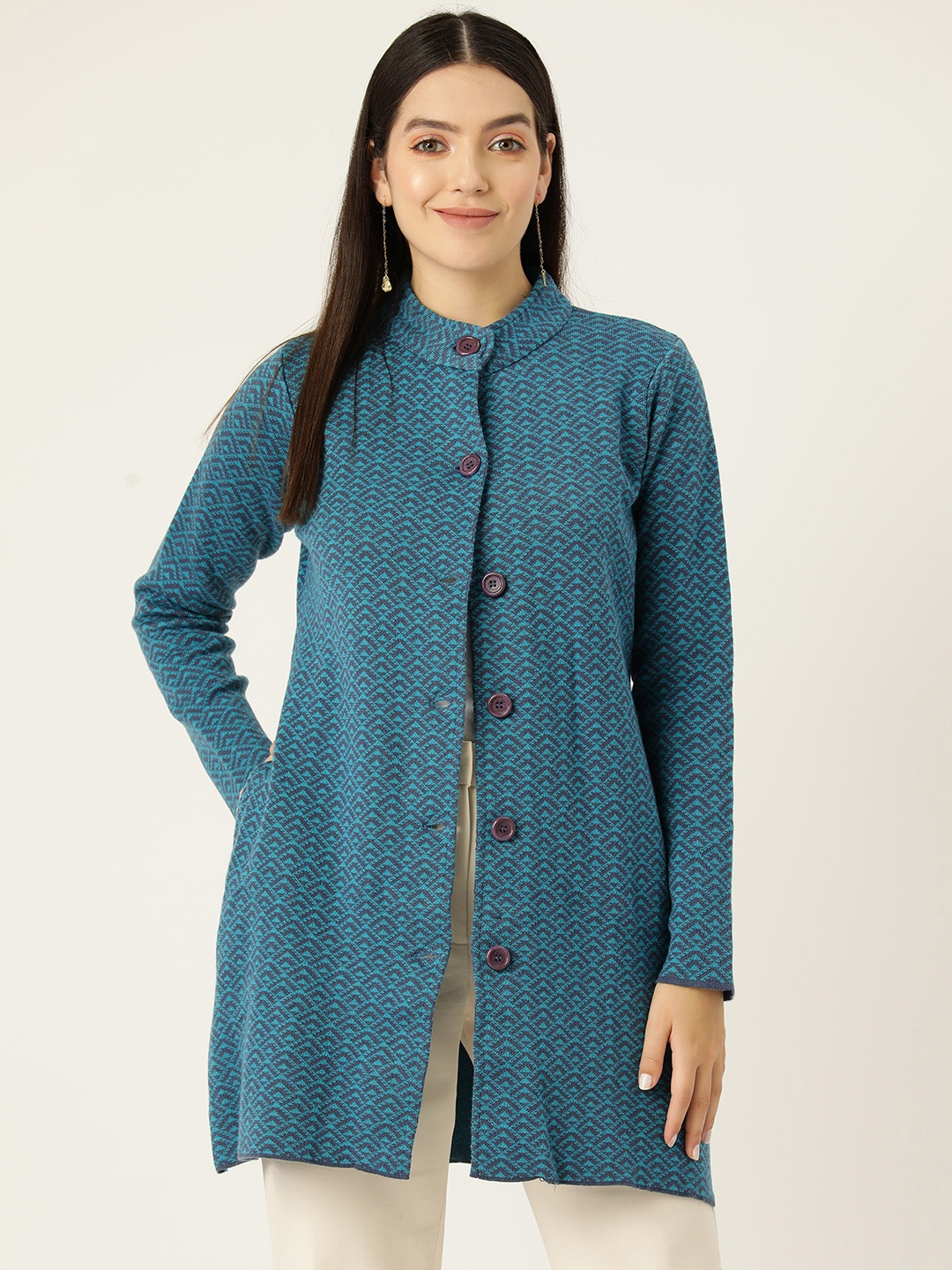 

American Eye Woven Design Longline Cardigan, Teal