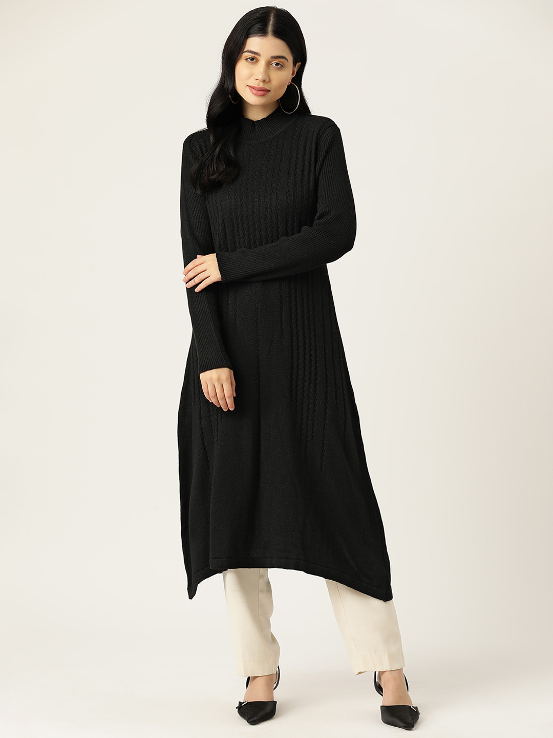 

American Eye Self-Designed High Low Hem Winter Kurta, Black