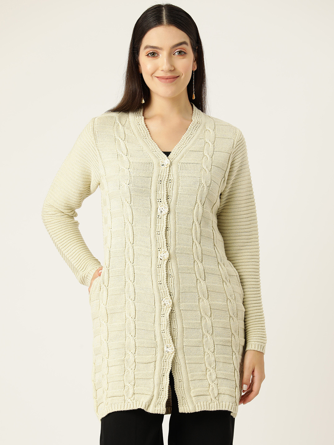 

American Eye Cable Knit Detail Regular Cardigan, Cream