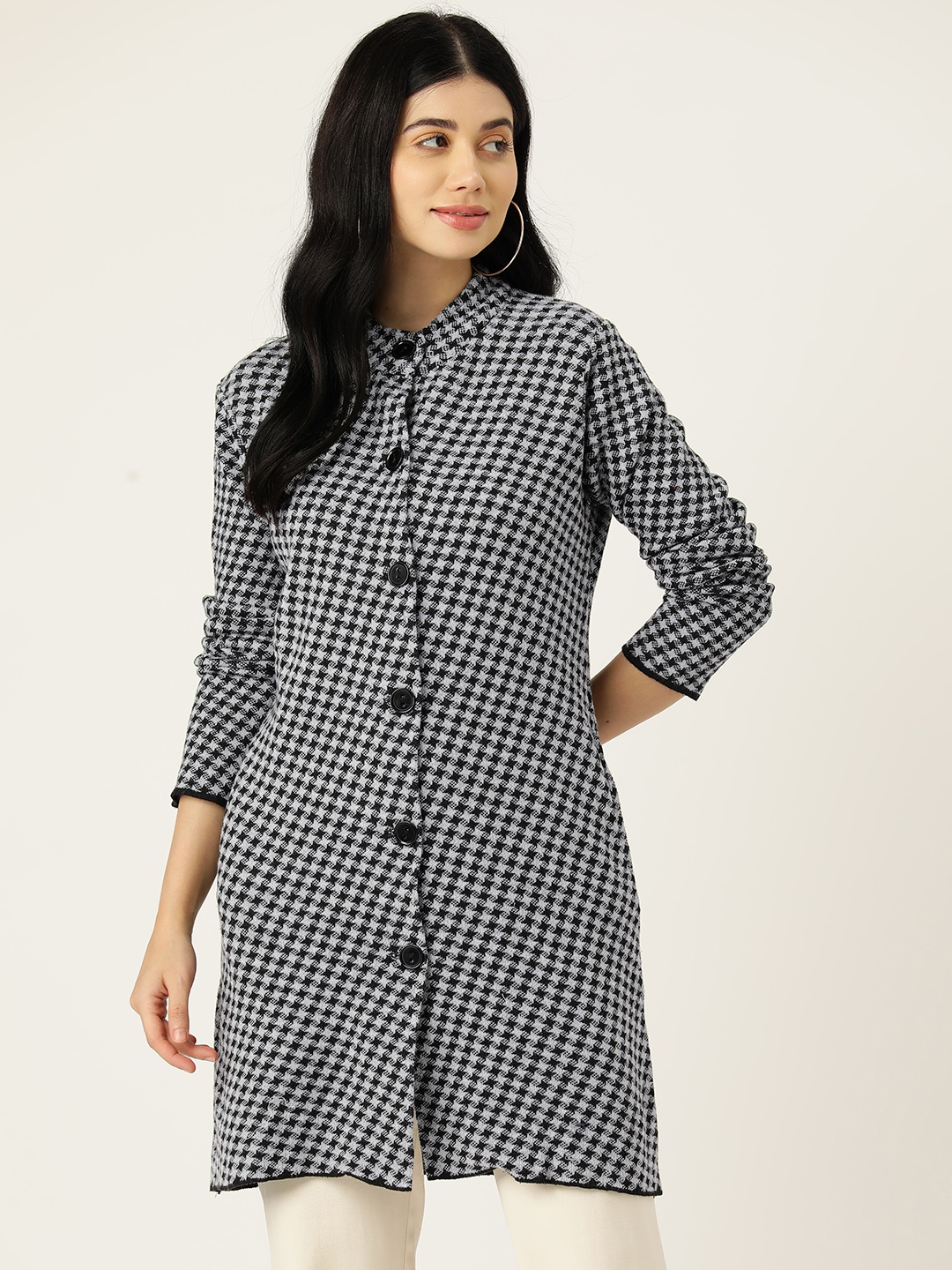 

American Eye Woven Design Longline Cardigan, Black