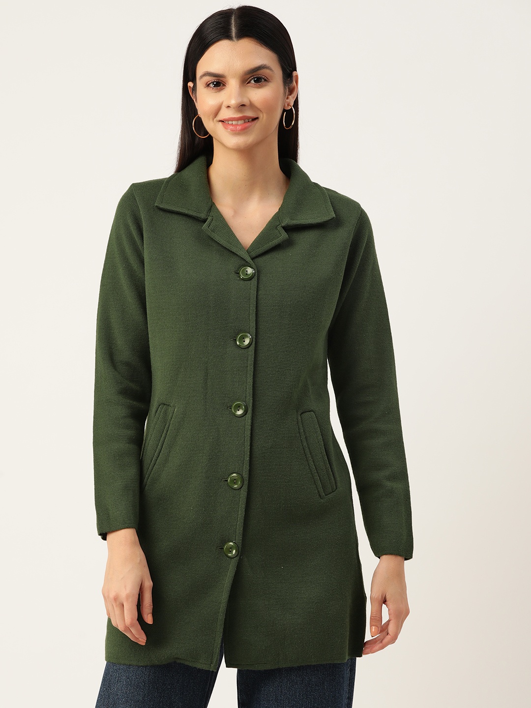

American Eye Lapel Collar Ribbed Longline Cardigan, Olive