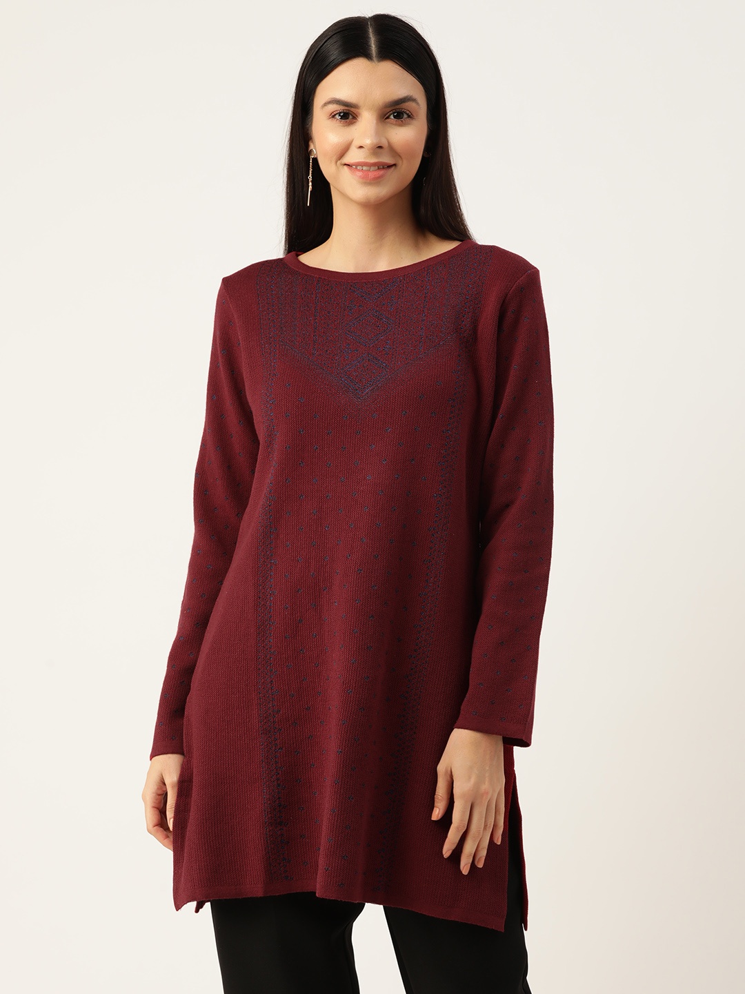 

American Eye Women Ethnic Motifs Woven Design Winter Kurta, Maroon