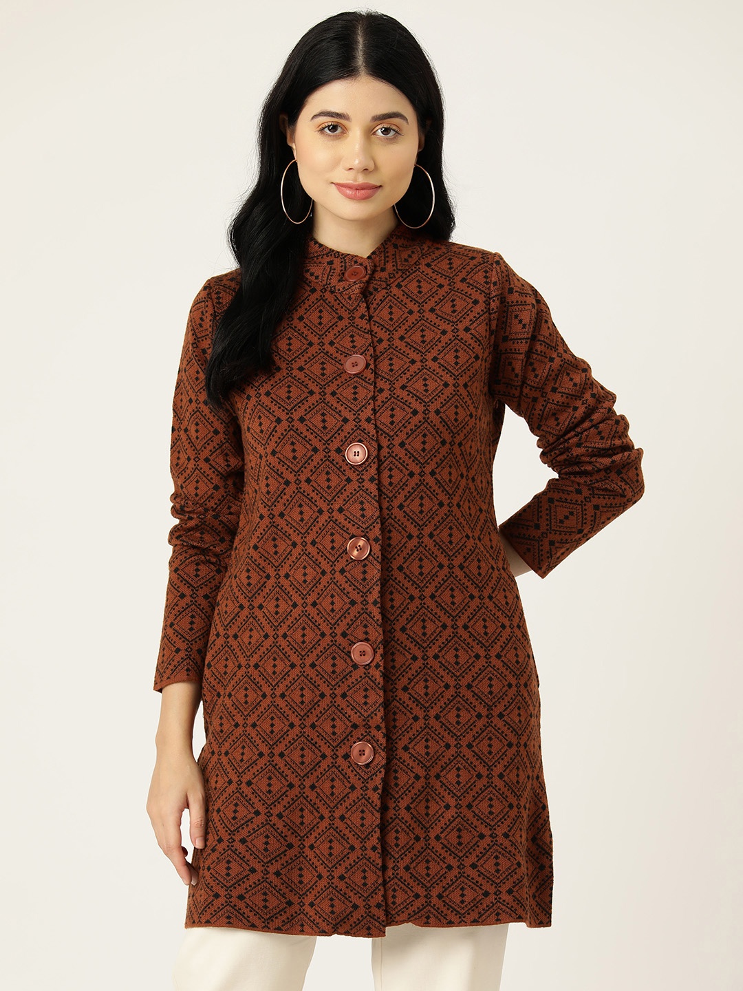 

American Eye Woven Design Longline Cardigan, Rust