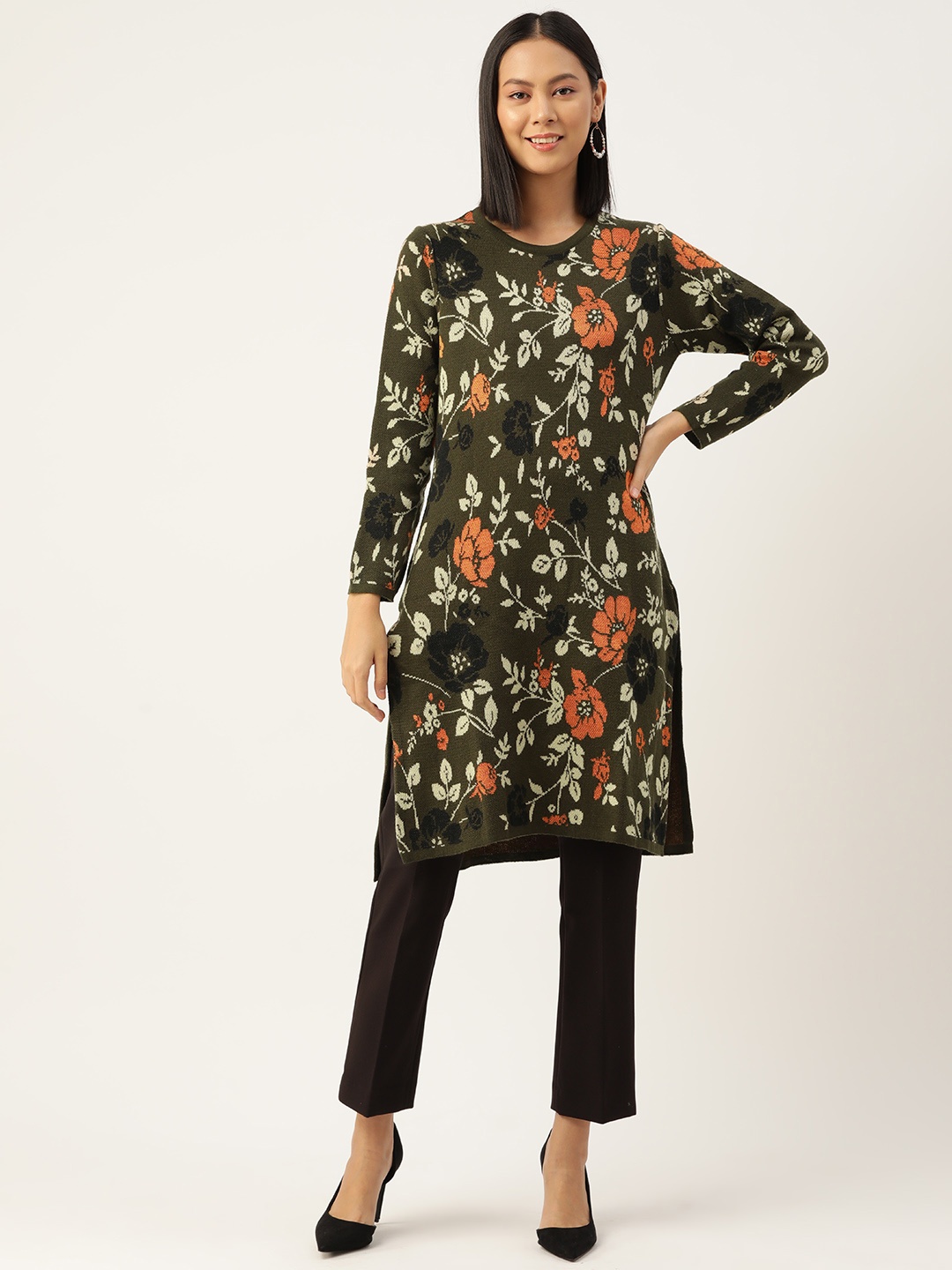 

American Eye Women Woven Design Winter Kurta, Olive