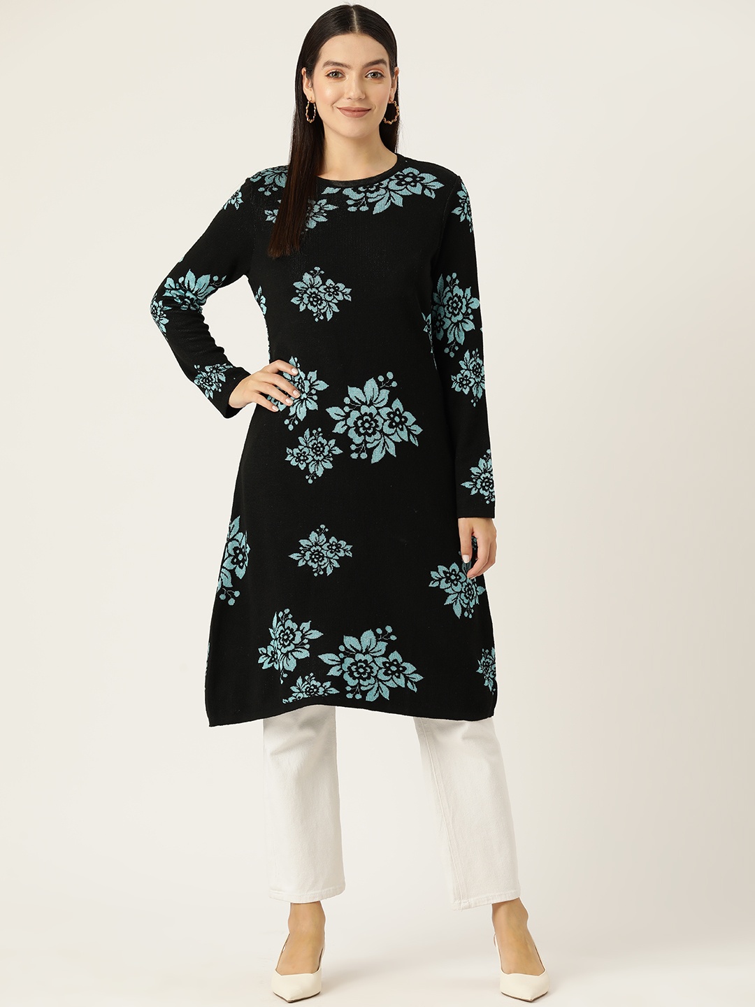 

American Eye Women Floral Woven Design Acrylic Straight Winter Kurta, Black