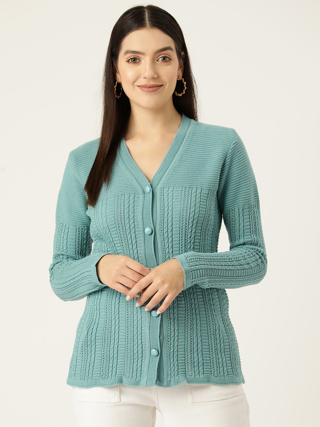 

American Eye Women Cable Knit Acrylic Cardigan, Sea green