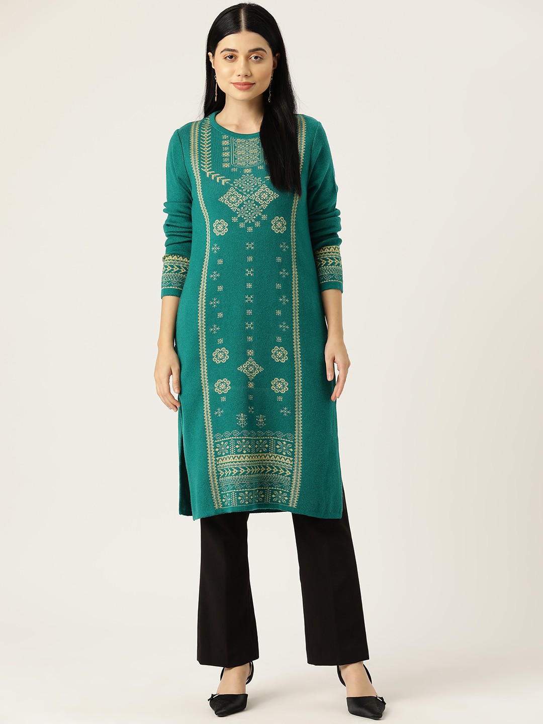 

American Eye Women Ethnic Motifs Woven Design Acrylic Straight Winter Kurta, Green