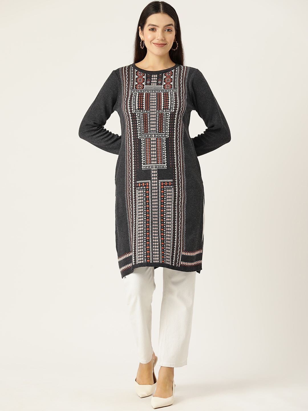 

American Eye Ethnic Motifs Woven Design Acrylic Straight Winter Kurta, Charcoal