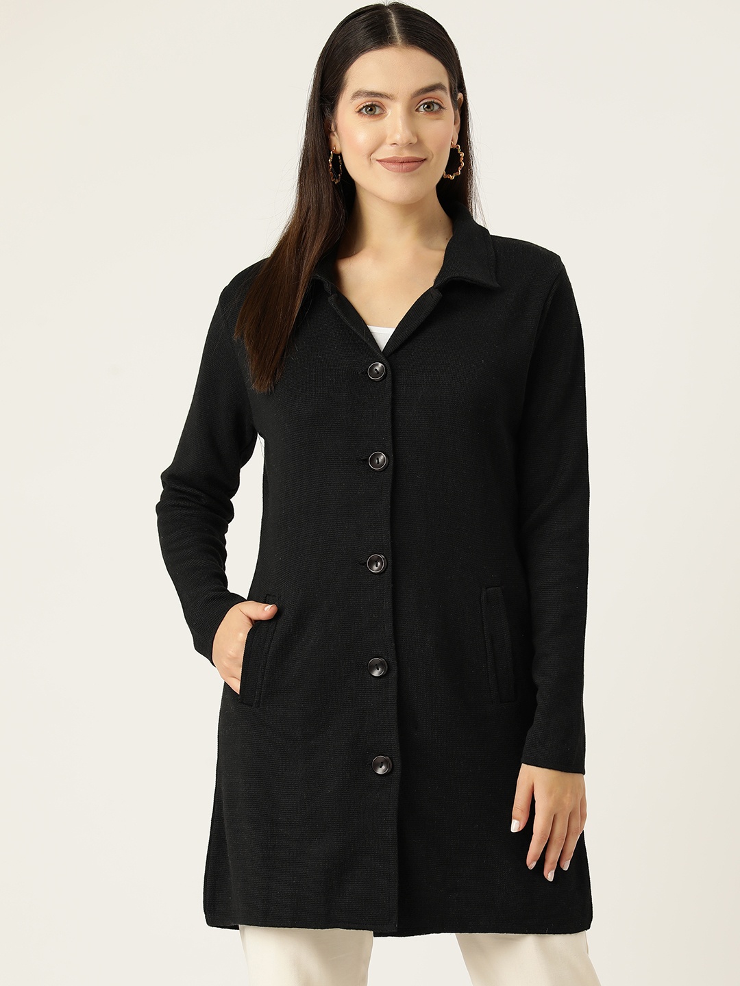 

American Eye Shirt Collar Full Sleeves Longline Cardigan, Black