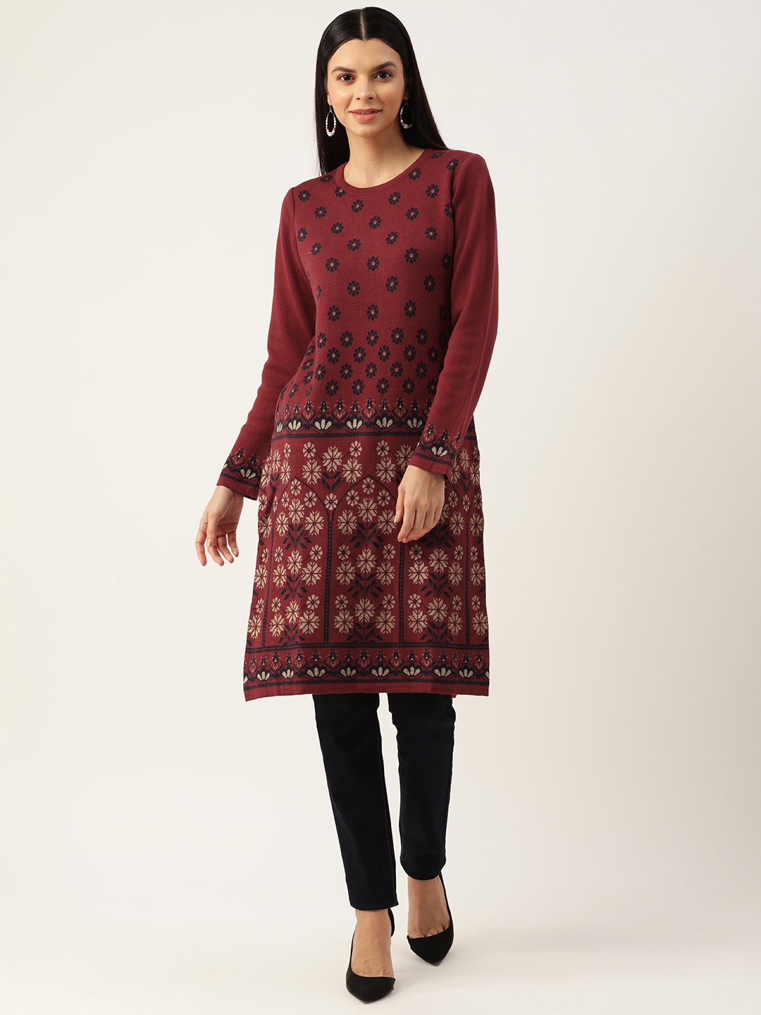 

American Eye Women Woven Design Winter Kurta, Maroon