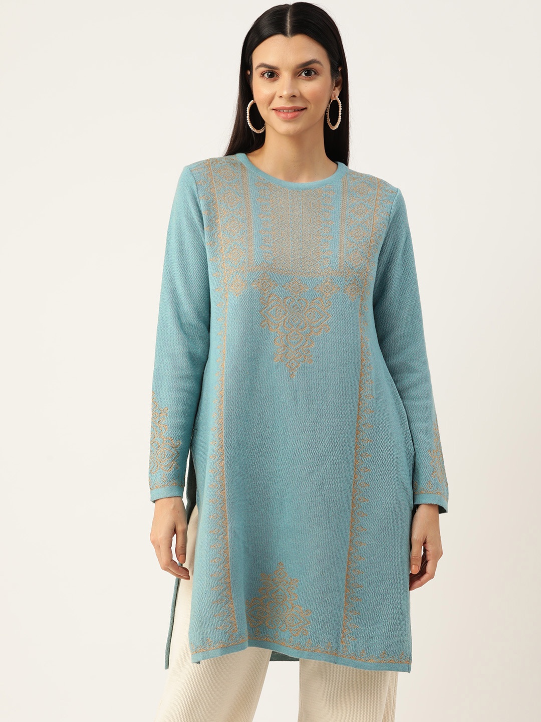 

American Eye Women Woven Design Winter Kurta, Blue