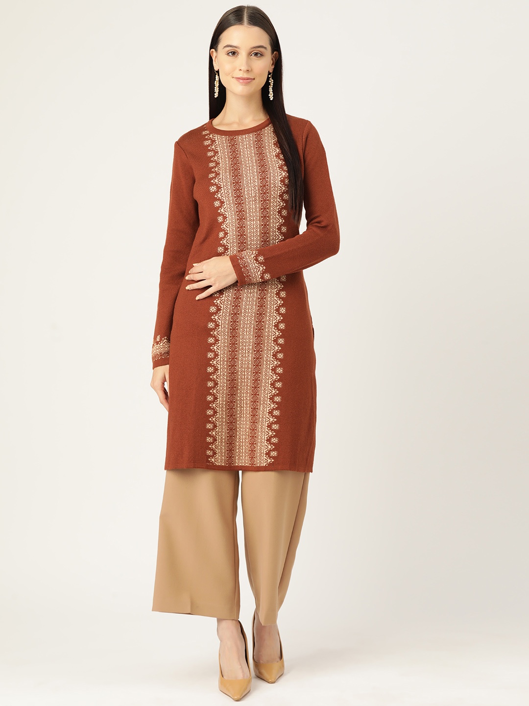 

American Eye Woven Design Straight Winter Kurta, Rust