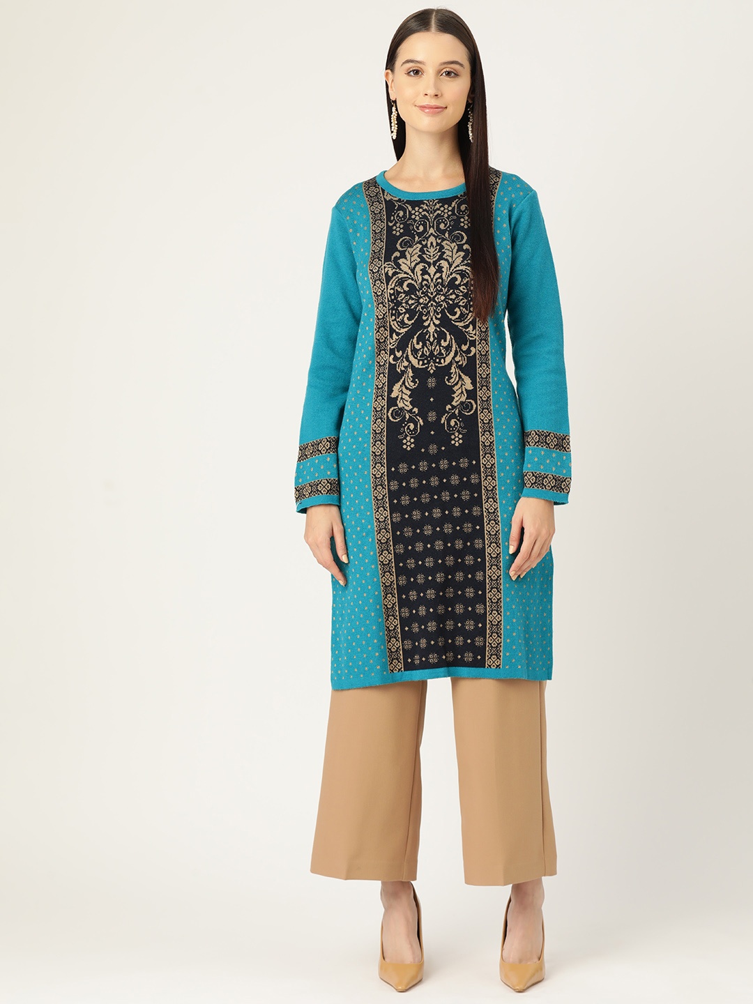 

American Eye Acrylic Ethnic Motifs Design Winter Kurta, Turquoise blue
