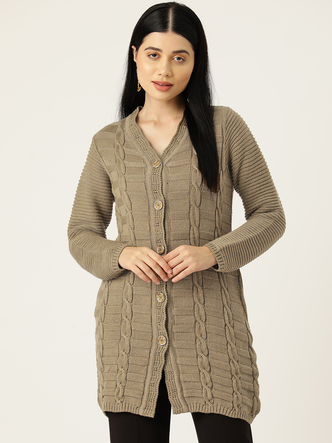 

American Eye Cable Knit Longline Cardigan, Brown