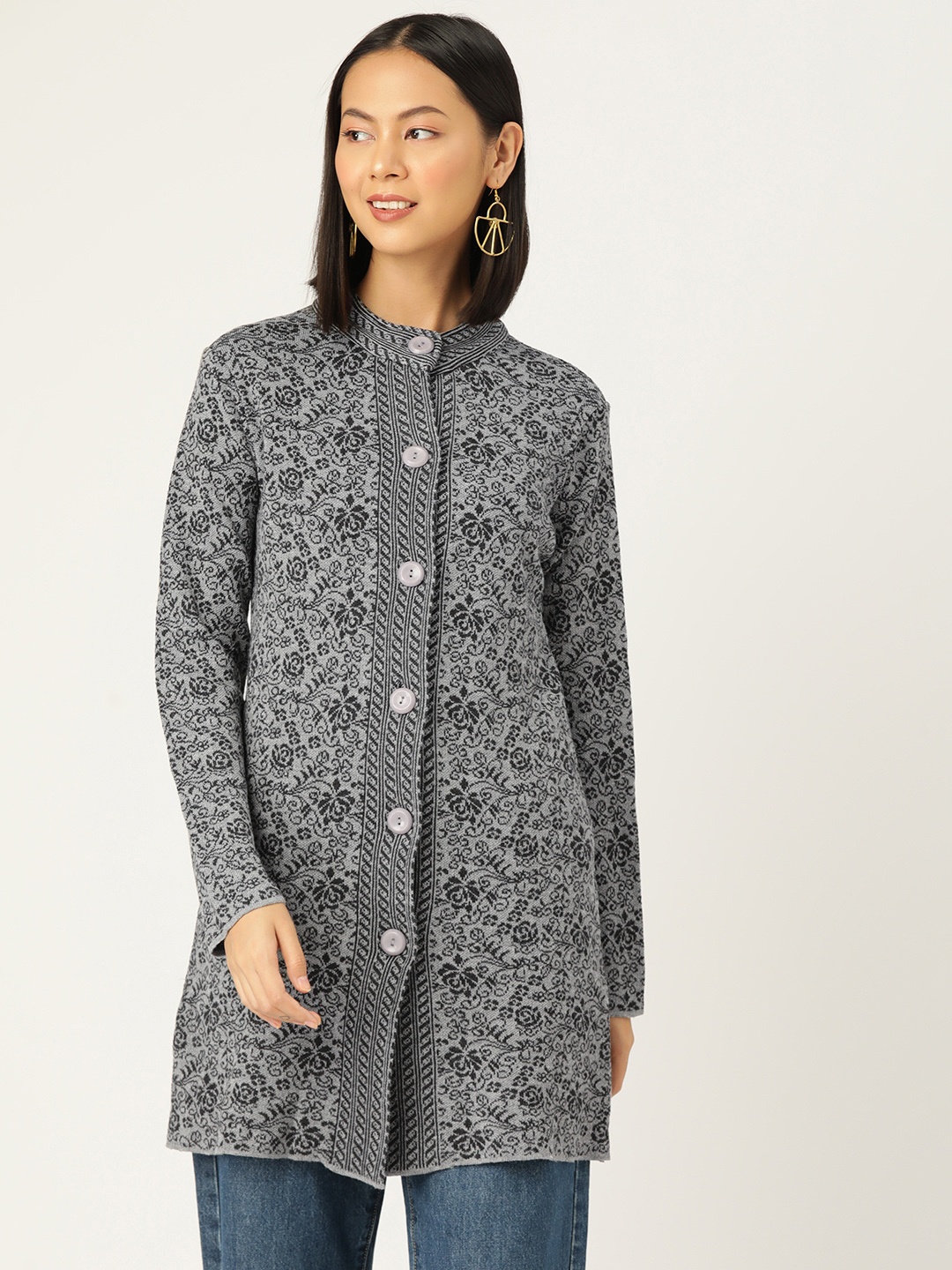 

American Eye Acrylic Self-Design Longline Cardigan, Grey