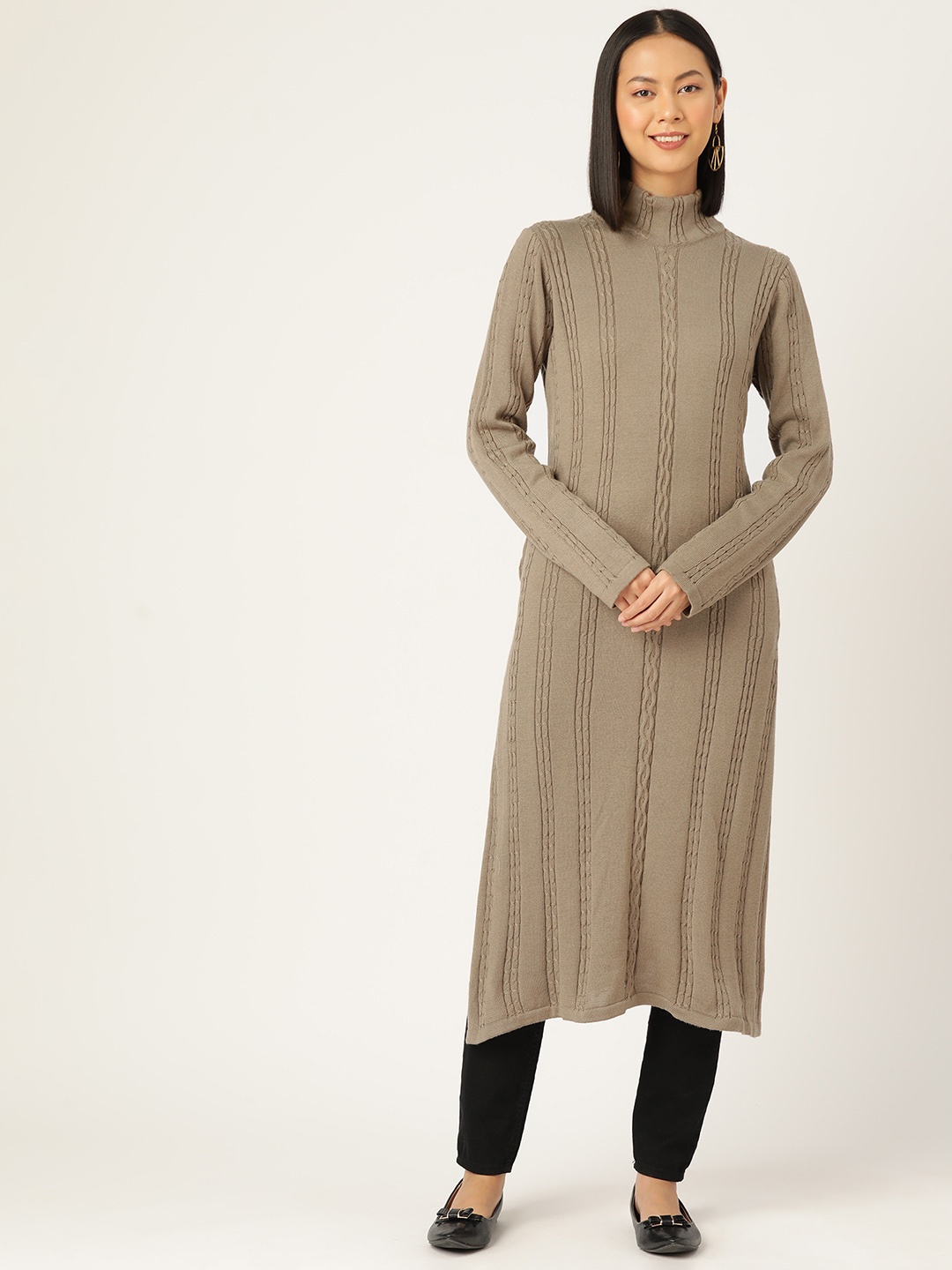 

American Eye High-Neck Self Design Straight Winter Kurta, Beige
