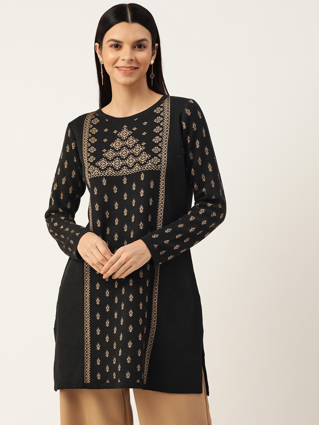 

American Eye Ethnic Motifs Acrylic Kurta, Black