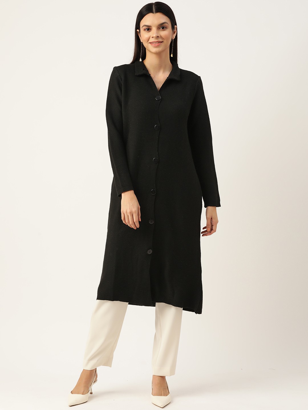 

American Eye Shirt Collar Longline Cardigan, Black