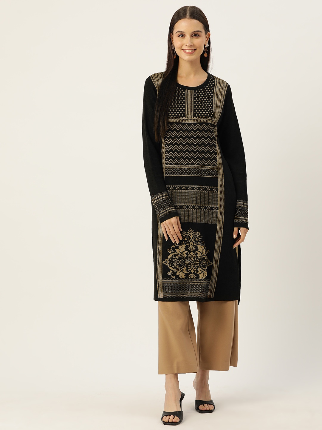 

American Eye Woven Designed Straight Winter Kurta, Black