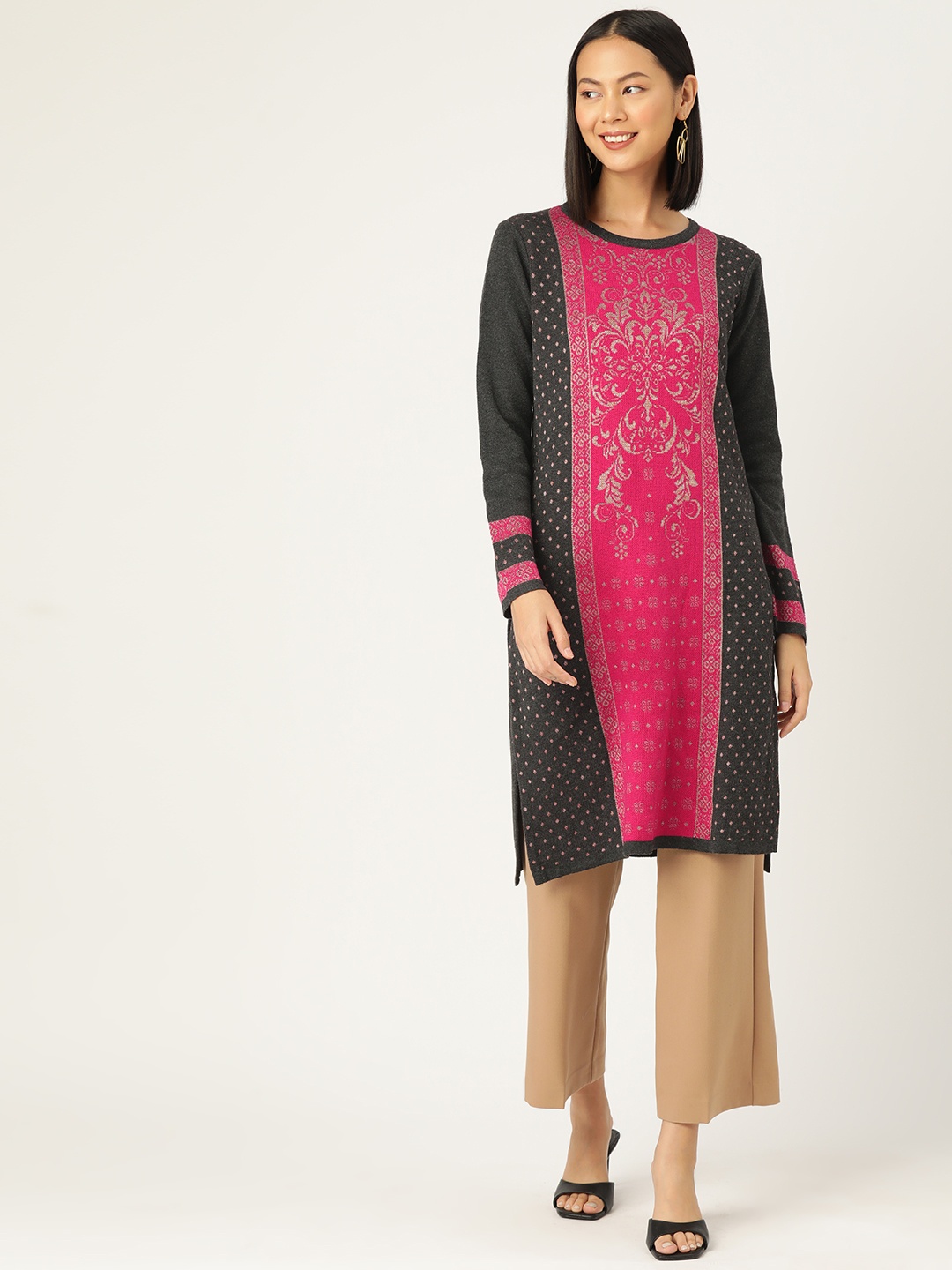 

American Eye Acrylic Self-Design Winter Kurta, Charcoal